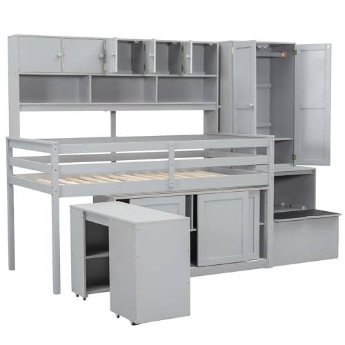 Loft Bed Twin Size, Twin Loft Bed with Rolling Desk and Drawers, Shelves and Wardrobes - Large Storage Space, Shelves and Wardrobes - Space Saving, Low Wood Loft Bed for Bedroom (White)