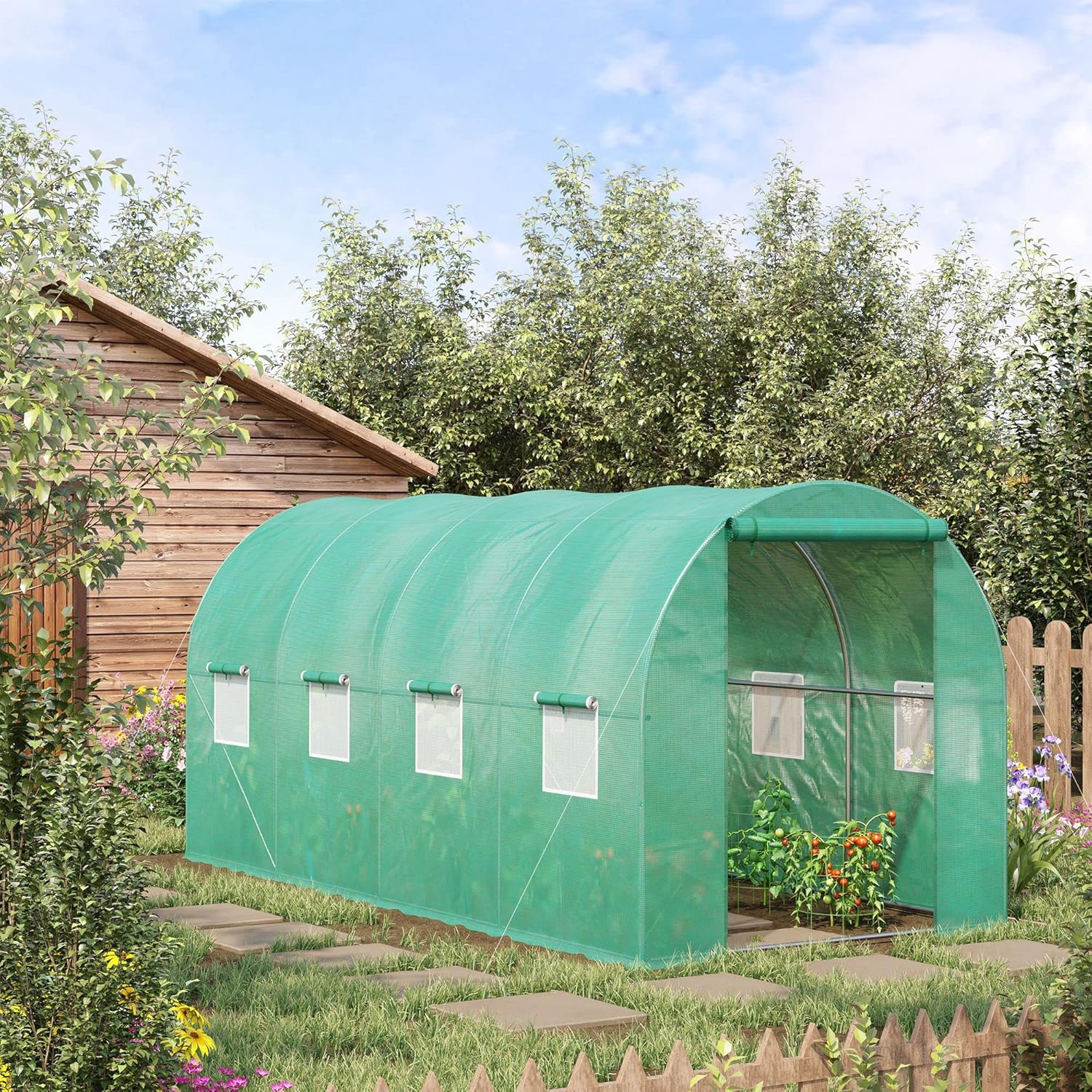 Outsunny 15' x 7' x 6.5' Walk-in Tunnel Hoop Greenhouse, Green House with Polyethylene PE Cover, Steel Frame, Roll-Up Zipper Door & Windows for Flowers, Vegetables, Tropical Plants, Green