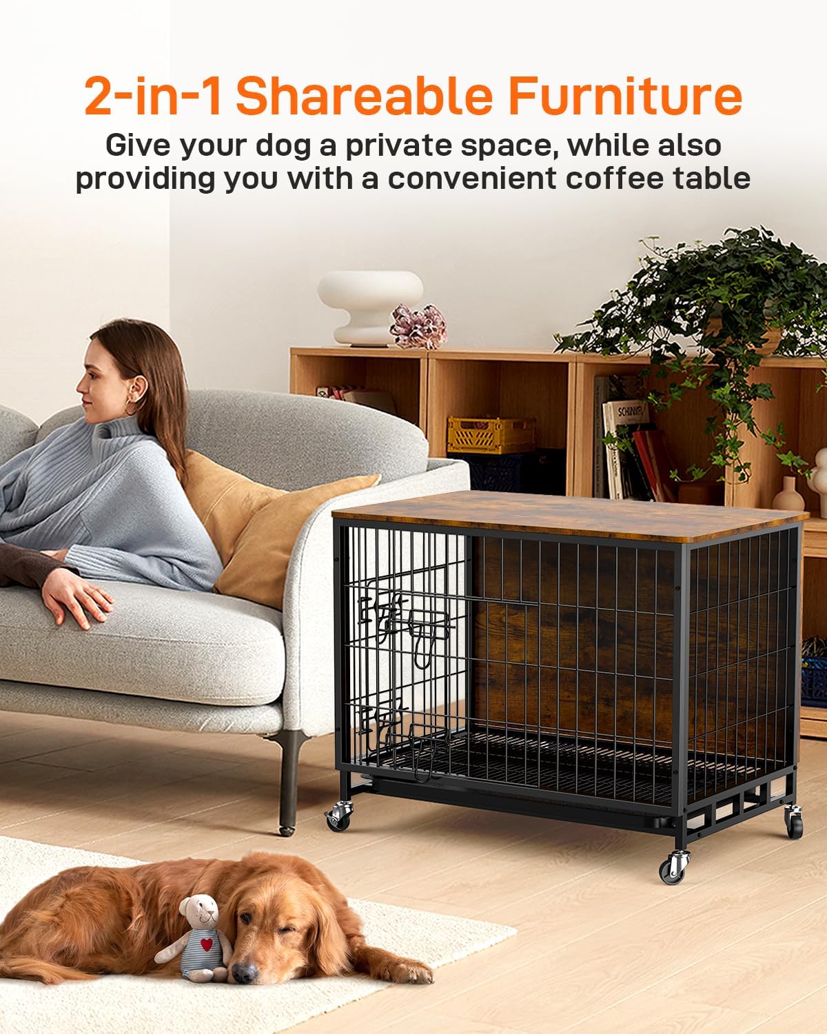Dog Crate Furniture, 2024 New Furniture Style Dog Crate with Removable Tray and Wheels, Heavy-Duty Double-Doors Dog Cage End Table, 32.5" Wooden Dog Kennel, Indoor Dog House for Large Dogs, Brown