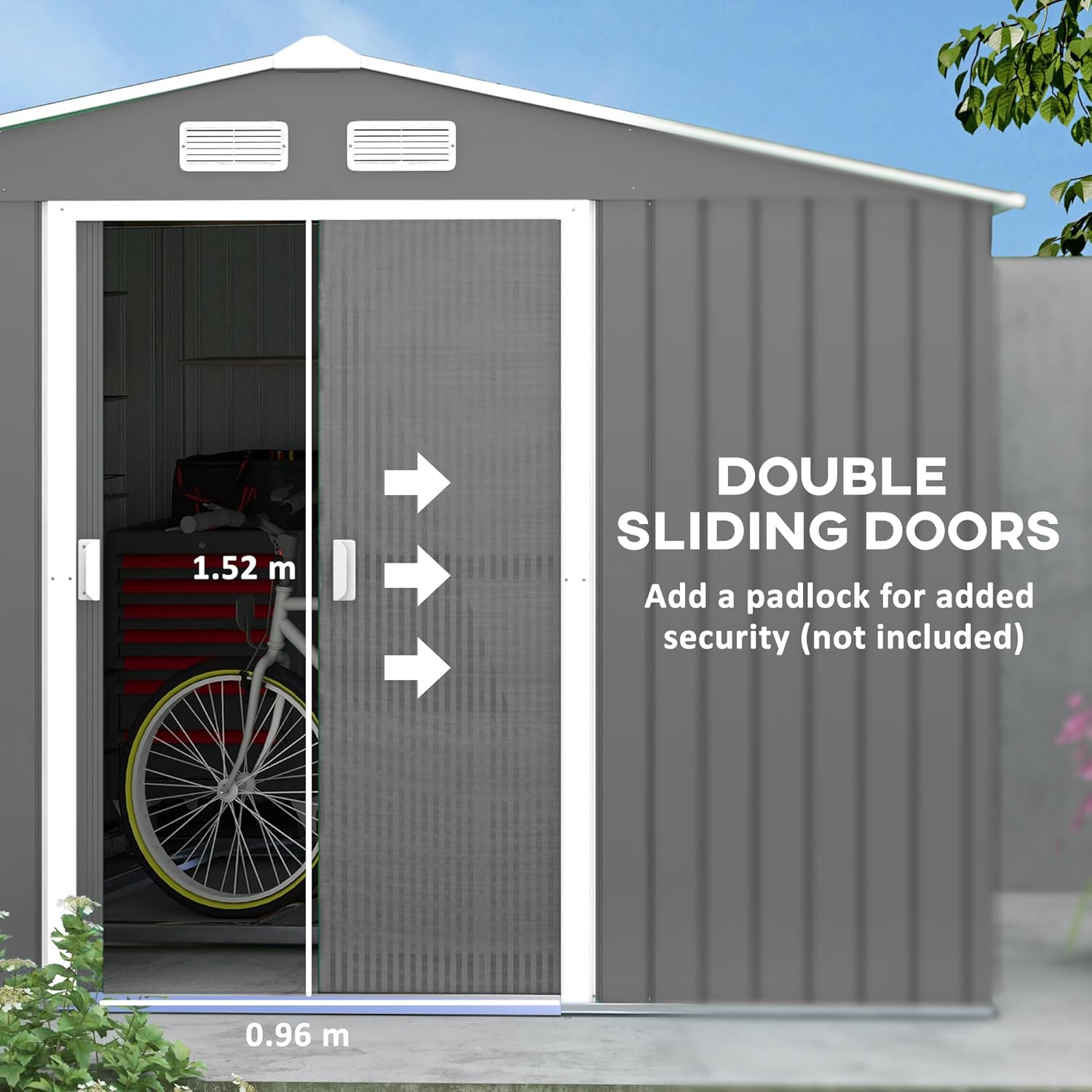 Outsunny 11' x 9' Outdoor Storage Shed, Garden Tool House with Foundation Kit, 4 Vents and 2 Easy Sliding Doors for Backyard, Patio, Garage, Lawn, Gray