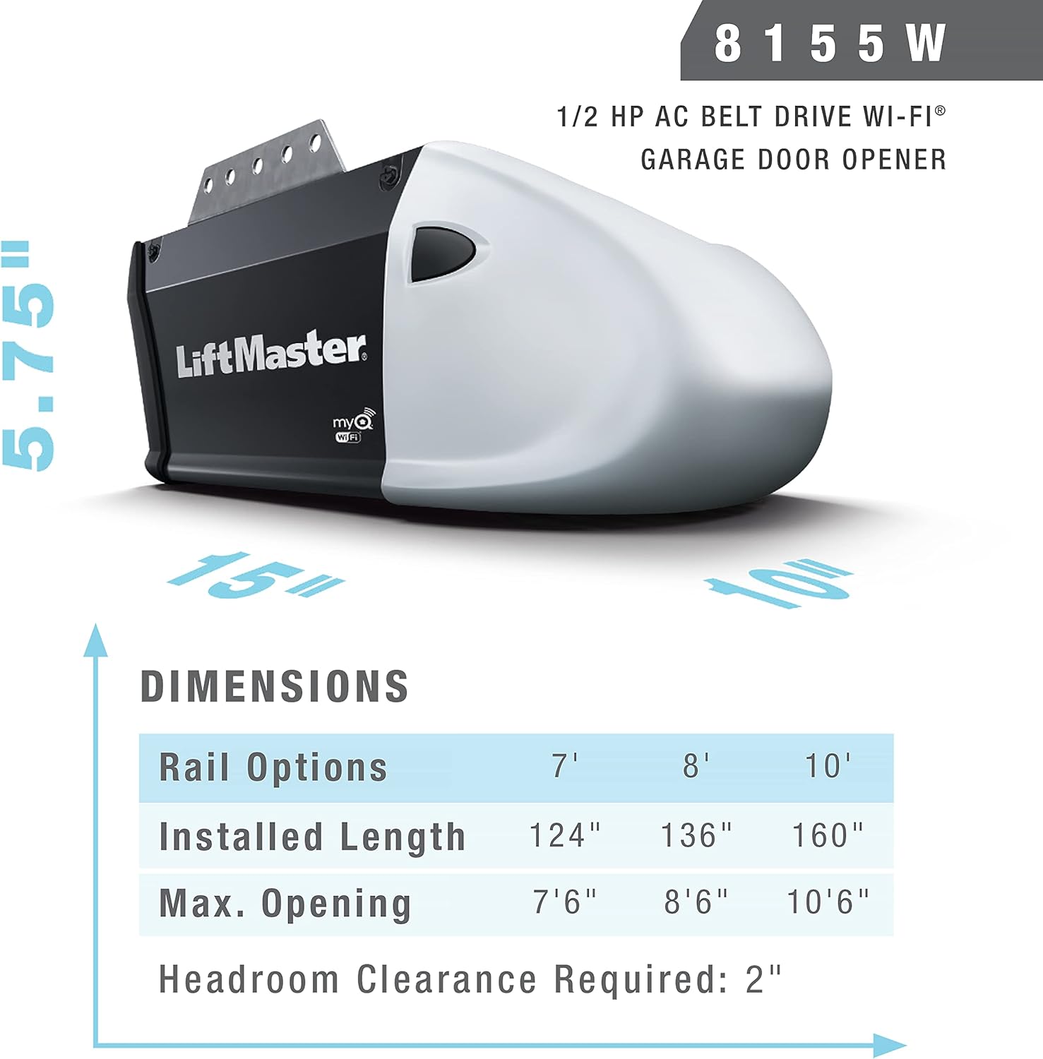 Open Solutions Liftmaster 8155W, 0.5 HP AC Motor Garage Door Operator, WiFi Control, Multi Function Control Panel, Smartphone Compatible, Advanced Security, Gray