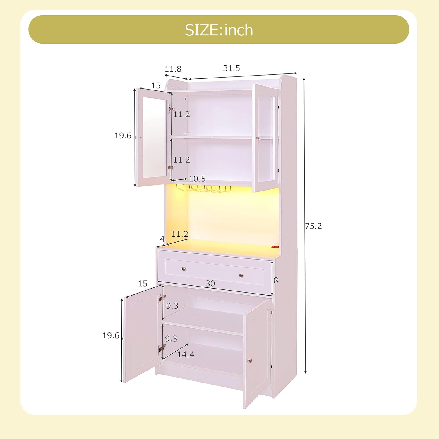 75.2" Pantry Cabinet Kitchen Cabinet with Buffet Cupboard, Kitchen Pantry Storage Cabinet with LED Lights Charging Station, Tall Food Pantry Hutch Organizer,Wood Buffet Sideboard, Buffet Cabinet