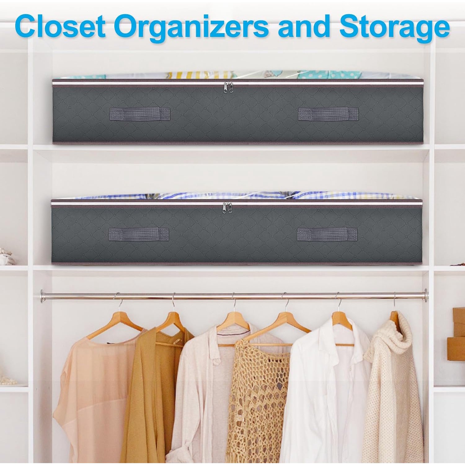 90L Under Bed Storage Containers, Closet Organizers and Storage Bins, Foldable Underbed Storage Bags for Blanket, Clothing, Comforter, Sweaters, Pillows, Linen Sheets, Wrapping Paper, Grey