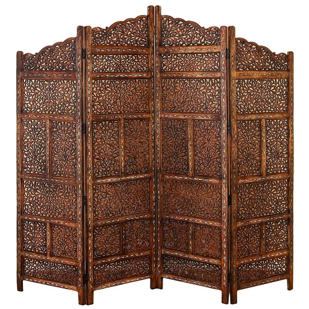 Hand Carved Foldable 4 Panel Wooden Partition Screen/Room Divider, Brown