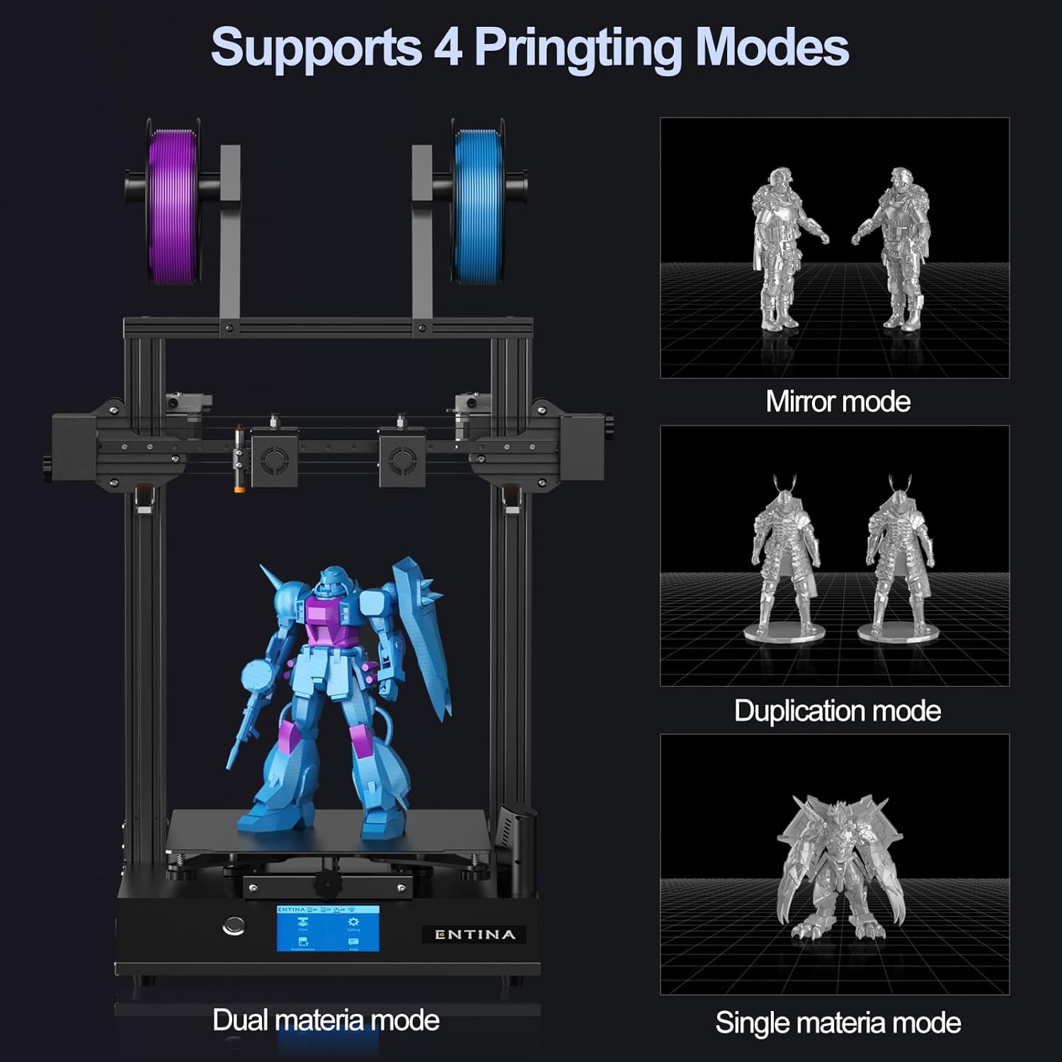 Entina X40 V3 IDEX 3D Printer, Independent Dual Extruder 3D Printer with 295° High Temperature Nozzles,32-bit Silent Motherboard, 4.3" Touch Screen, Built-in Camera, Wi-Fi Printing 300x300x400mm