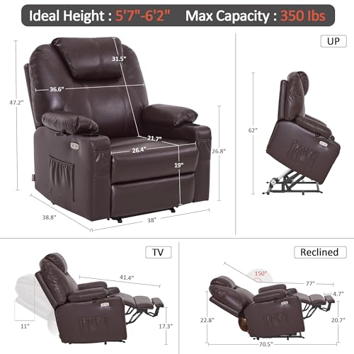 MCombo Power Lift Recliner Chair for Elderly, Lift Chair with Heat and Massage, FSC Certified, USB Ports, Cup Holders, Faux Leather 7040 (Black, Medium)