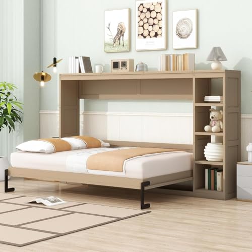 Full Murphy Bed with Storage Shelves,Wood Murphy Bed Cabinet with Storage Bookcase,Fold Up Bed Modern Murphy Wall Bed Full Size (White,Full)