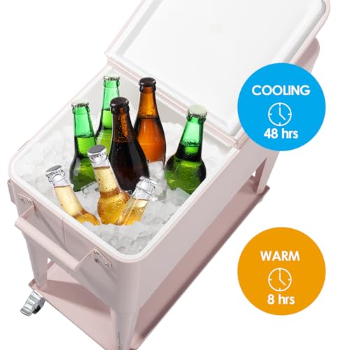 Bueuwe 80 Quart Rolling Ice Chest on Wheels, Portable Patio Party Bar Drink Cooler Cart with Shelf, Beverage Pool with Bottle Opener,Water Pipe,for Party Cookouts Backyard BBQ