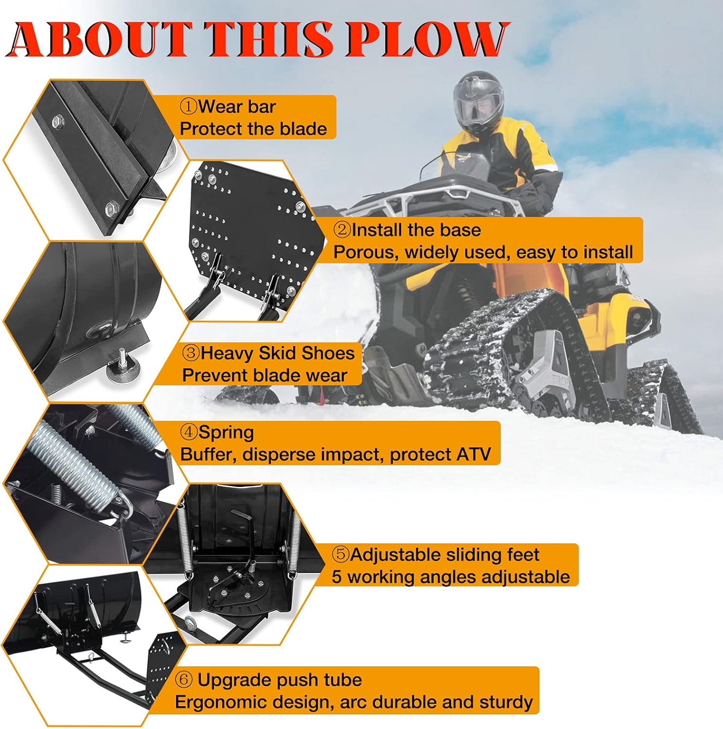 DING.PAI Universal Snow Plow Kit Heavy Duty Steel Square Push Snow Blade Adjustable for Pickup Trucks UTV ATV Arctic Cat Access Kawasaki Honda Aeon Crossland 50 Inch
