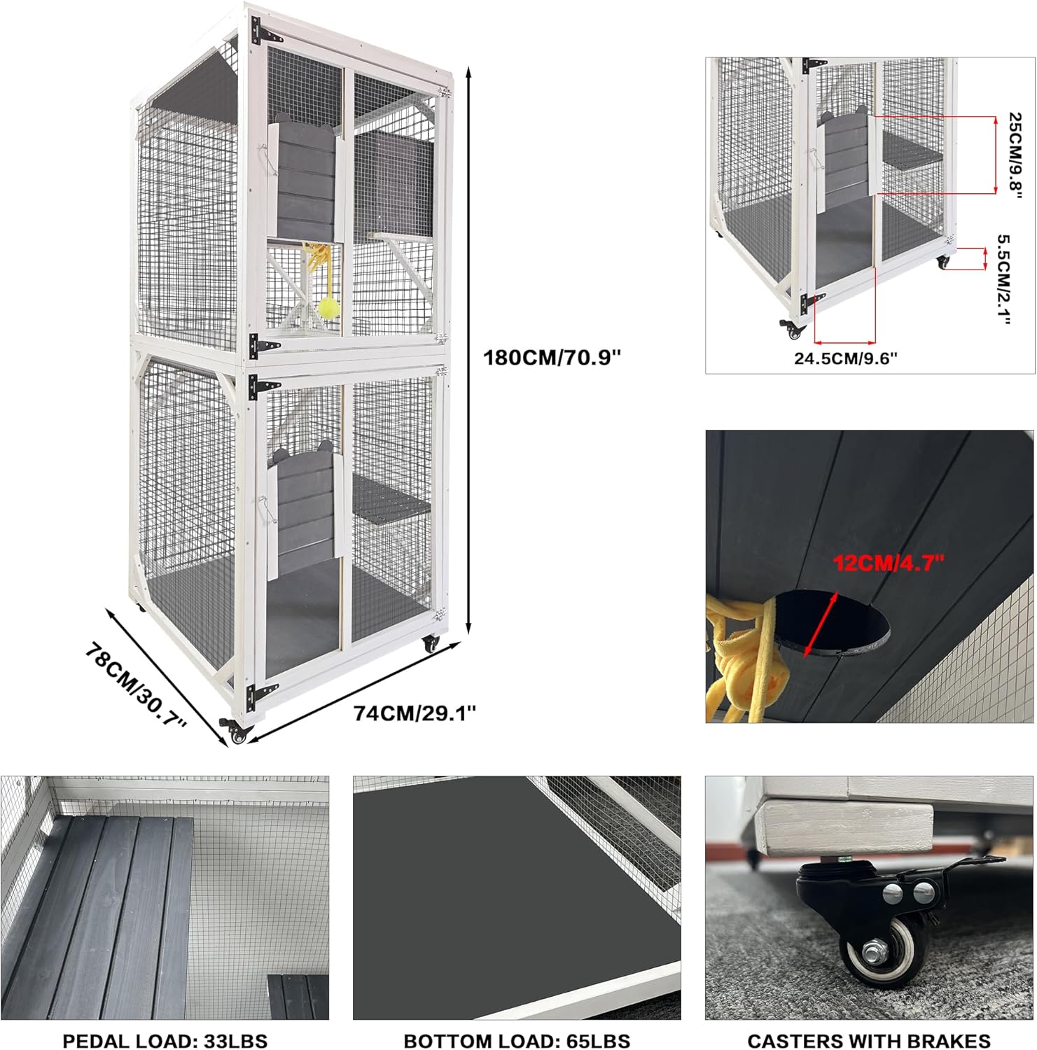 Cat House Catio Outdoor Cat Enclosure, 3-Tier Cat Cage Indoor on Wheels, Waterproof Roof Outdoor Cat Enclosures, 2 Windows & Doors