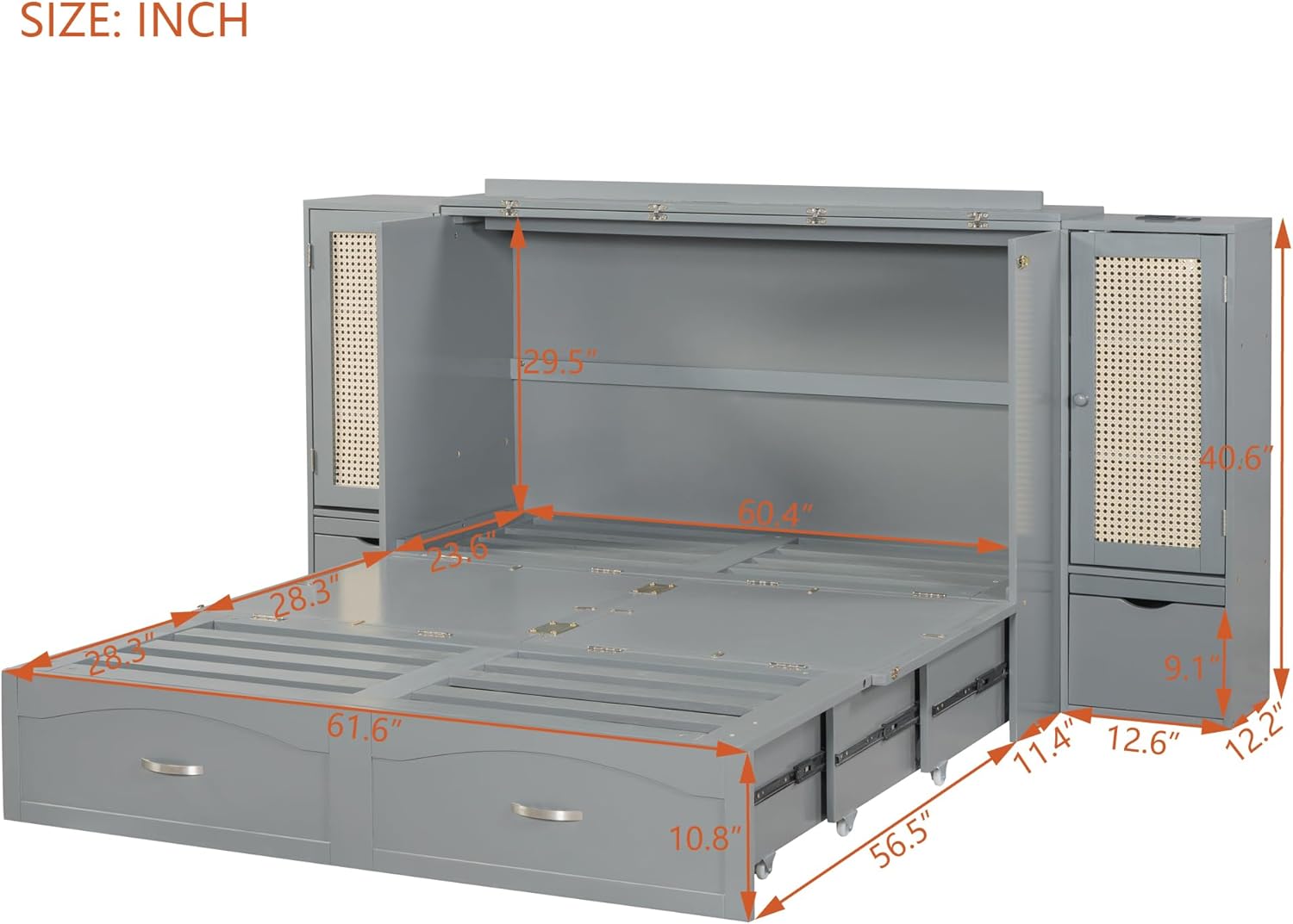 Queen Size Murphy Bed with Storage Drawer, Rattan Decoration with 2 Cabinets, Sockets and USB Ports, Pulley Structure Design Space Saving Foldable Bedframe for Bedroom Guest Room, Gray