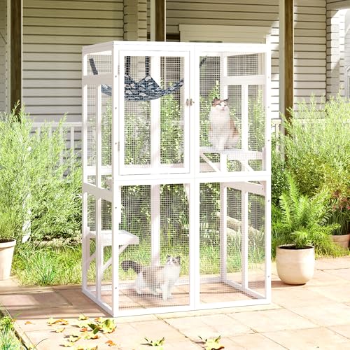 Catio Outdoor Cat Enclosure, Wooden Catio with Window Access for Patio, Indooe Kitty House (Black)
