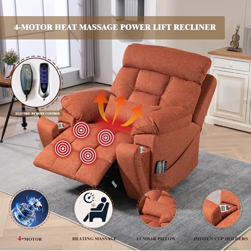 Light Grey Recliner Chair for Elderly | Tall and Big Man 400lbs | Chenille | Power Lift, Lay Flat, Stand Up, Wireless Charging Device, Extended Footrest, Massage Heat, Cup Holder, Lumbar Pillow