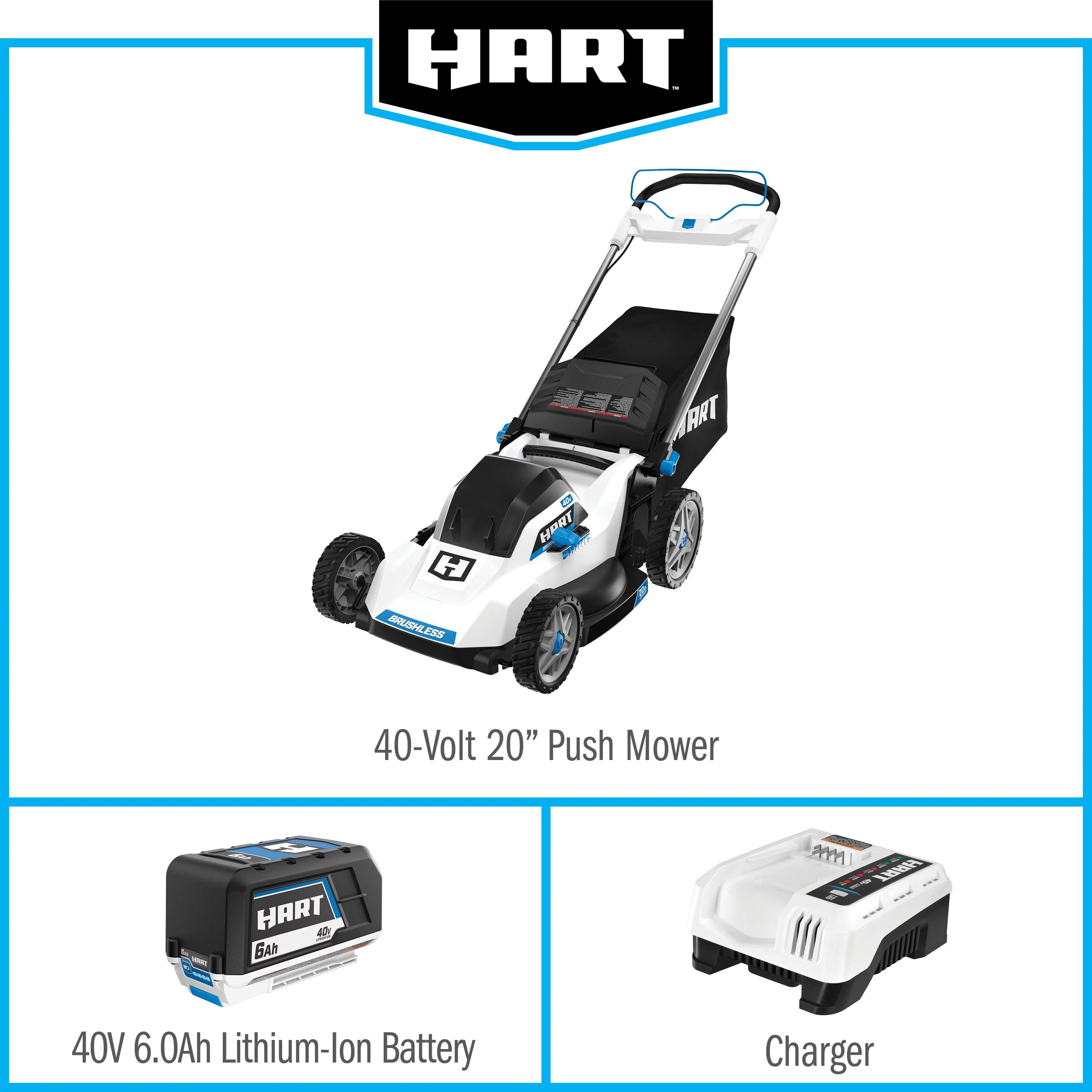 HART 40-Volt 20-inch Cordless Brushless Push Mower Kit, (1) 6.0Ah Lithium-Ion Battery
