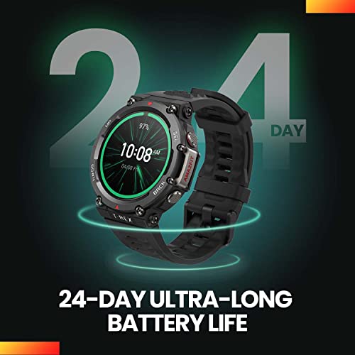 Amazfit T-Rex 2 Rugged Smart Watch, Military Certified, GPS, 24-Day Battery Life, Heart Rate, VO2, SPO2 Monitoring, Pacer, Altitude, 10 ATM Water-Resistant, Sleep Monitoring (Black)