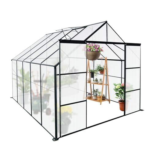 8x10FT Heavy-Duty Walk-in Greenhouse with Double Sliding Doors, Polycarbonate Panels, & Aluminum Frame, All-Season Outdoor Greenhouse with Adjustable Roof, Black
