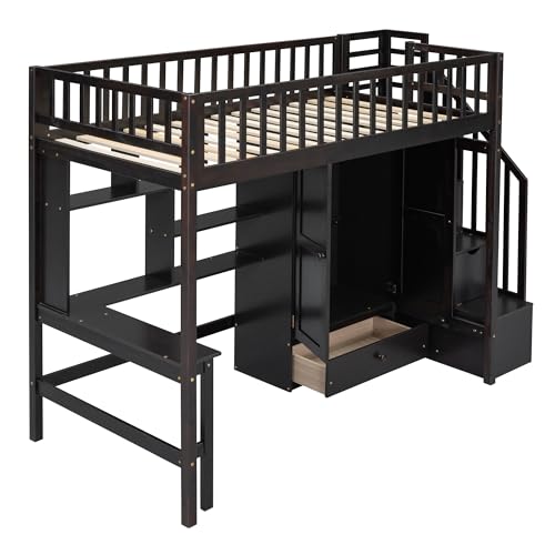 Full Size Loft Bed with Wardrobe Desk Storage Stairs, Wood Loft Bed Frame with Bookcase and Drawers, High Loft Bedframe for Kids Teens Adults, No Box Spring Needed, Espresso