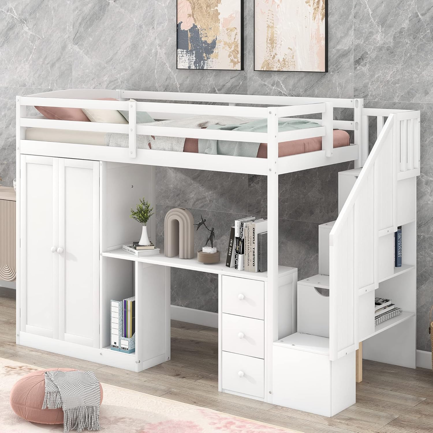Twin Loft Bed with Stairs and Wardrobe, Wooden Twin Size Loft Bed with Desk Underneath, Loft Bed with Storage Staircase and Shelves for Girls Boys Teens,White