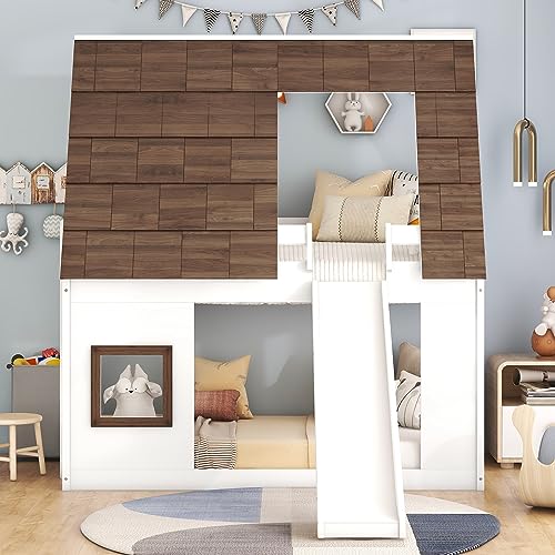 Twin-Over-Twin House Bunk Bed with Storage, Wooden Bunk Beds Frame with Staircase Compatible with, Teens, No Box Spring Needed(Gray+White) ，Queen Bed, YY-991