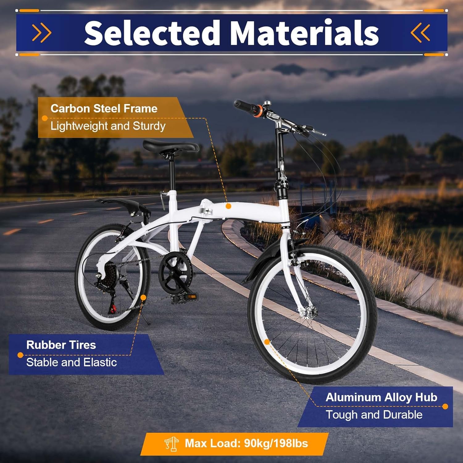 ‎20 Inch Folding Bike, 6 Speed Shifter Foldable Bicycle, Folding Bicycle with Adjustable Hight, Lightweight Foldable Bike for Men Women Riding, White