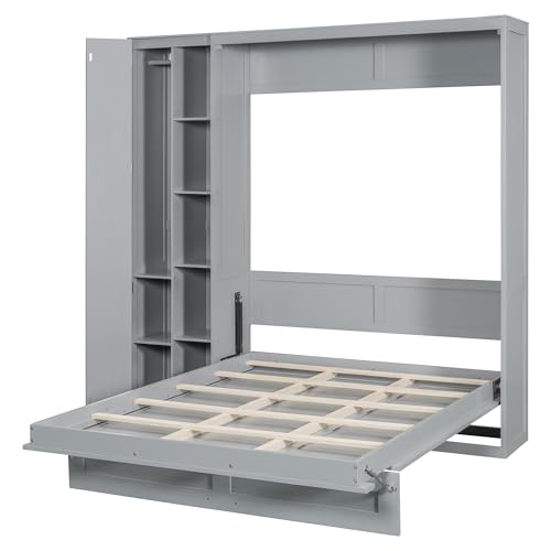 Full Size Murphy Wall Bed With Storage and Bookcase Headboard, Solid Wood Cabinets With Shelves, Drawers and USB Ports, Multi-Function Platform for Home Office, Guest Room - White