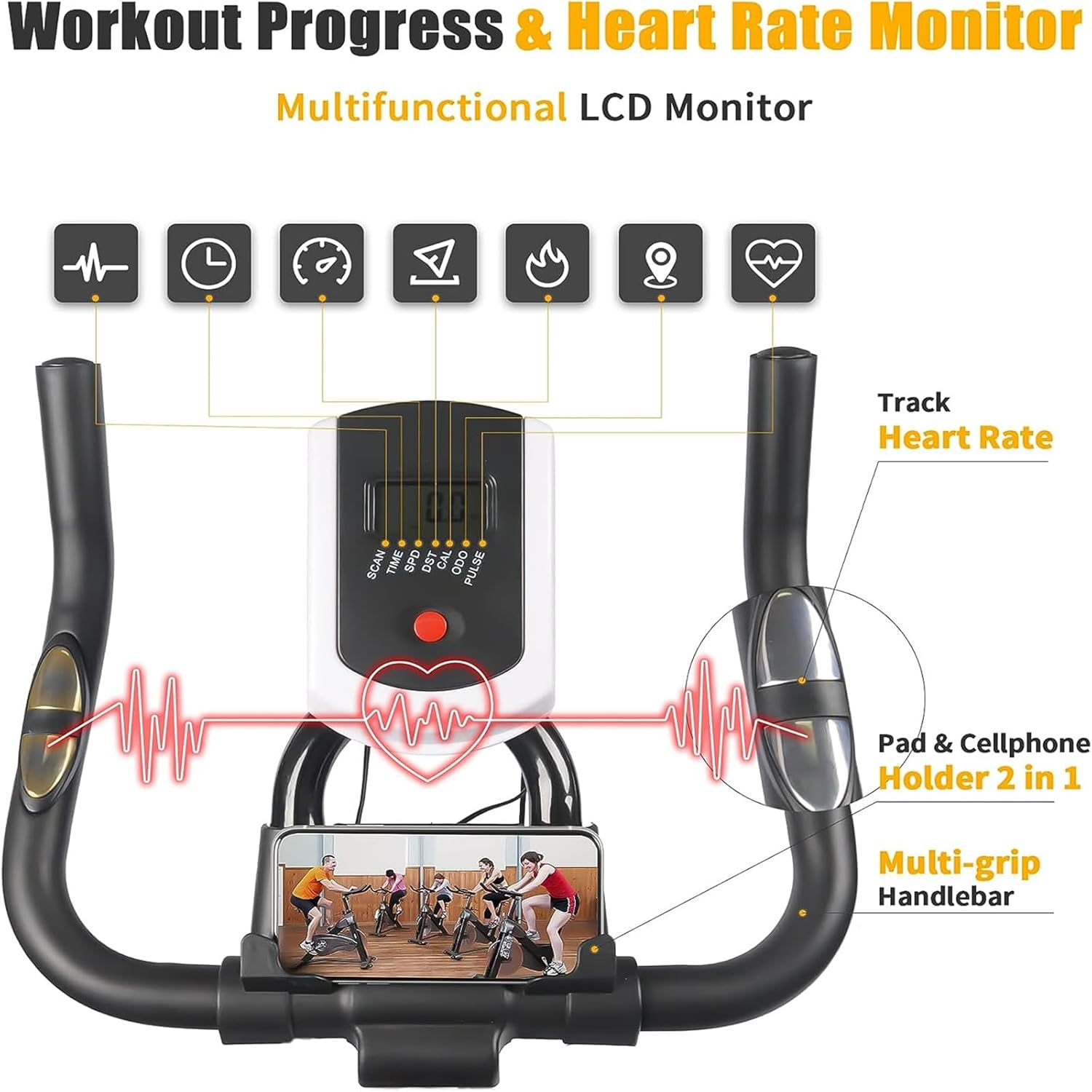 Exercise Stationary Bike 330 Lbs Weight Capacity, Spin Indoor Cycling Bike with LCD Monitor and Comfortable Seat Cushion for Home Gym Cardio Fitness Training