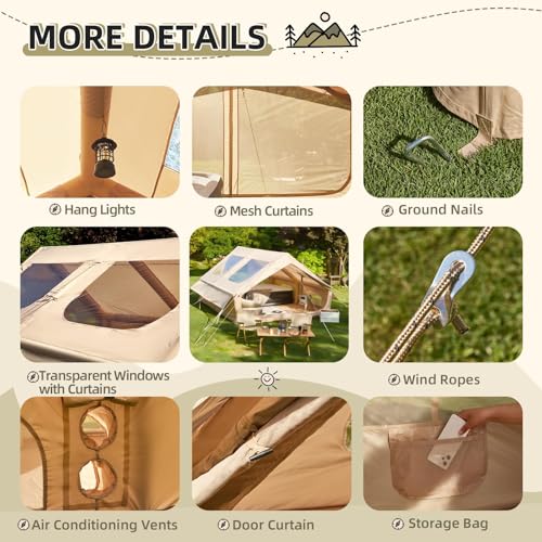 YOLENY Inflatable Tents for Camping, 4/6/8/10/12 Person Tent with TPU Skylight, Mesh Windows, Stove Jack & Pump, Easy Setup 4 Season Glamping Tent, Waterproof & Windproof
