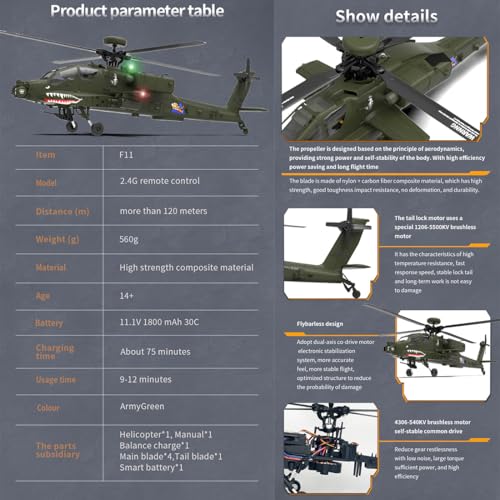 Aetheria RC Helicopter F11 AH64 Airplane, 2.4G 6CH Remote Control Aircraft, Dual Brushless Motor, 6G/3D Stunt Copter Model for Adults-1:32 Scale (RTF Version)
