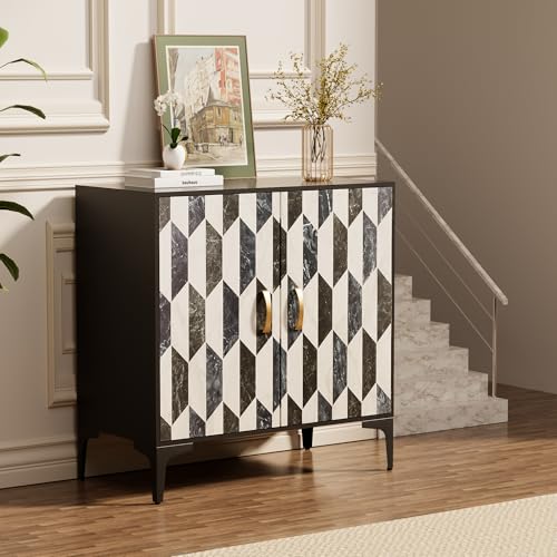 Anbuy Sideboard Buffet 2 Packs Kitchen Storage Cabinet with 4 Faux Marble Doors, Hallway, Liquor/Accent Cabinet with Gold Handles, 27.6 X 15.75X 31.5 Inches, Black