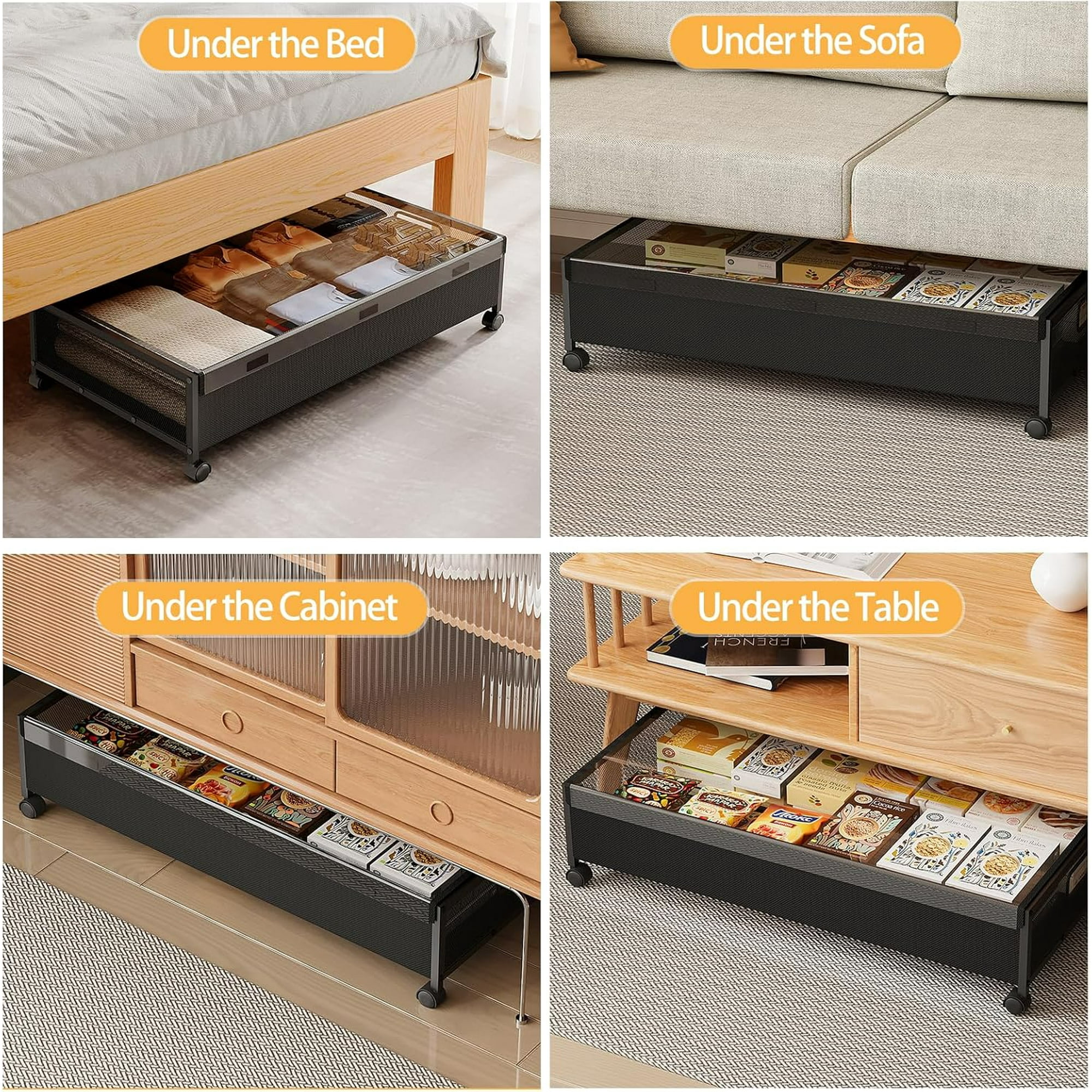 Under Bed Storage with Wheels,2 Pack Under Bed Shoe Storage, Under the Bed Storage Drawers with Remove Window, Extra Large Rolling Under Bed Storage Metal Drawer for Clothes (Black-2 pack)