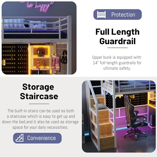 Full Size Loft Bed with Desk and Stairs,Metal Gaming Loft Bed Full with Wardrobe and Shelf, High Loft Bed with LED & USB Charging Station for Teens, Adults, Space Saving Design,Black