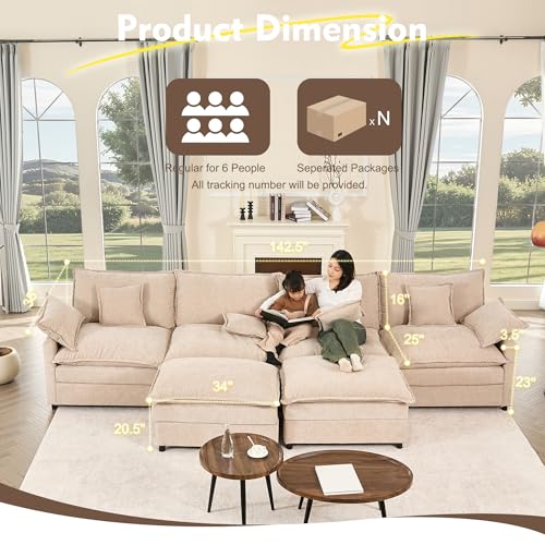 108" U Shaped Couch, Modular Sectional Sofa, 3-Seater Comfy Cloud Couch with Movable Ottoman, Deep Seat Couches for Living Room, Chenille, Black