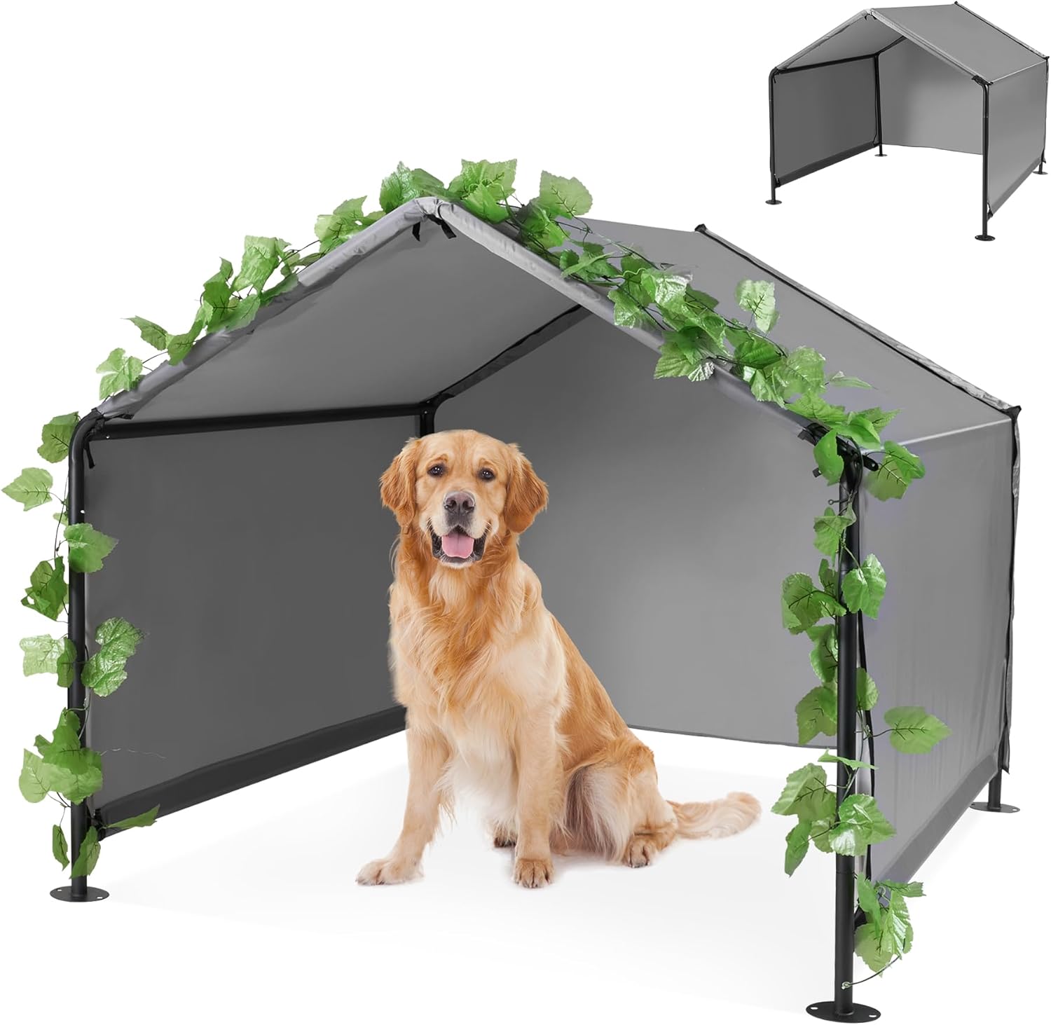 Dog Shade Shelter Outdoor Tent for Large Medium Dogs, Outside Sun Rain Canopy Pet House for Homeless Cats Pigs Livestock with Waterproof Roof Rainproof Cover & Artificial Grapevine Leaves