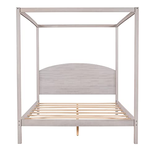Full Size Canopy Platform Bed, Modern 4-Poster Panel Beds Frame, with Headboard and Support Legs, Noise Free/No Box Spring Needed, Grey Wash,bed frame(Brown,Full)