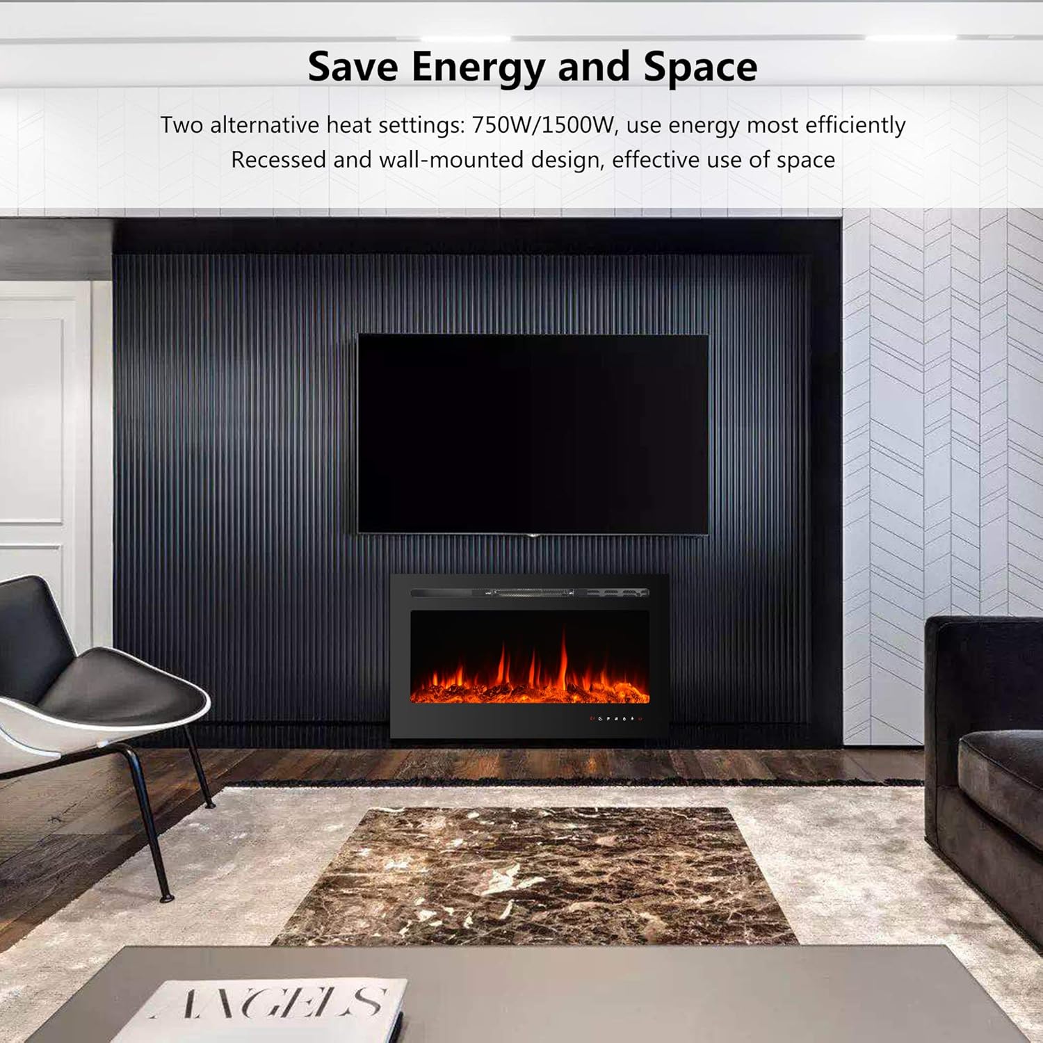 36 Inch Electric Fireplace Inserts, Wall Mounted Fireplace, Recessed Electric Fireplace, Led Fireplace, Linear Fireplace, 750/1500W