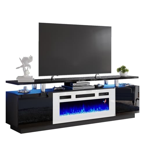 AMERLIFE Fireplace TV Stand with 40" Fireplace, 80" Modern High Gloss Fireplace Entertainment Center LED Lights, 2 Tier TV Console Cabinet for TVs Up to 90", Black & White