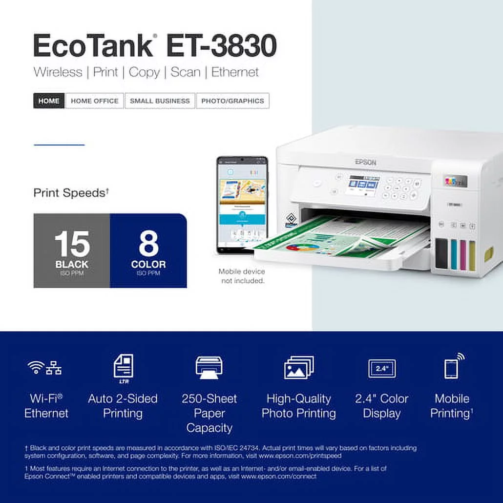 Epson EcoTank ET-3830 Wireless Color All-in-One Cartridge-Free Supertank Printer with Scan, Copy, Auto 2-sided Printing and Ethernet ? The Perfect Printer for Productive Families