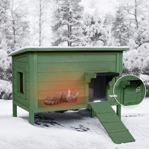 BRIOPAWS Outdoor-Cat-House-Insulated | Feral-Cat-Shelter for Winter | Weatherproof | Large Wooden Pet House for Multiple Cats | Foldable Ladder | Acrylic Side Window | Grey