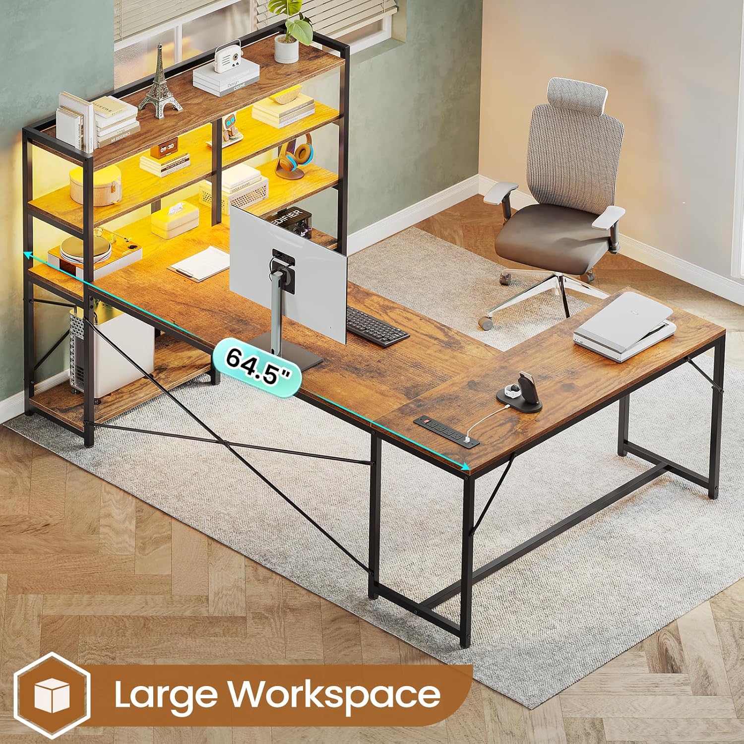 SEDETA L Shaped Computer Desk, 64.5'' Reversible U Shaped Office Desk with Storage Shelves & Power Outlet, L Shaped Gaming Desk with LED Light, Bookshelf for Home Office, Rustic Brown