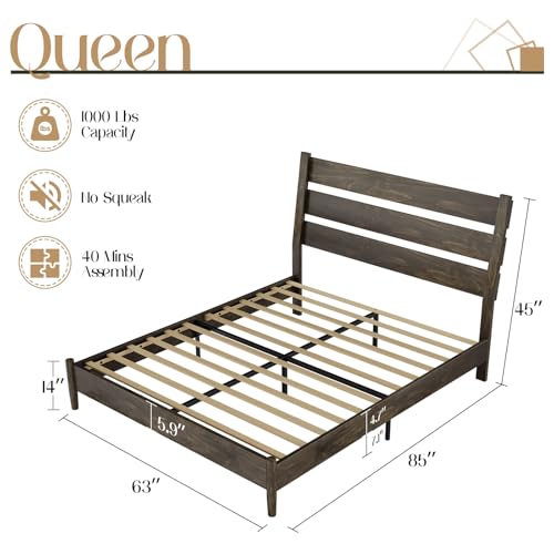 VanAcc Solid Wood King Bed Frame, Platform Bed with Reclining Slatted Headboard, Mid Century Bed Frame with Wood Slat Support, Dark Brown