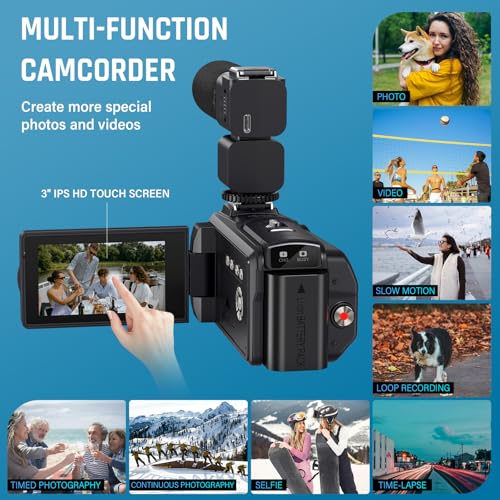 8K Video Camera 64MP Camcorder, 18X Digital Zoom with IR Night Version Vlogging Camera for Youtube, 3.0" IPS Touch Screen with one 4500mAh Battery, 32GB TF Card, Remote Control, Mic, and Adapter