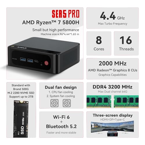 Beelink SER5 Mini PC, AMD Ryzen 5 5560U 6 Core(Up to 4.0GHz), 16GB DDR4 RAM 500GB NVMe M.2 SSD, RX Vega7, Mini Desktop Computer for Home/Office/Gaming