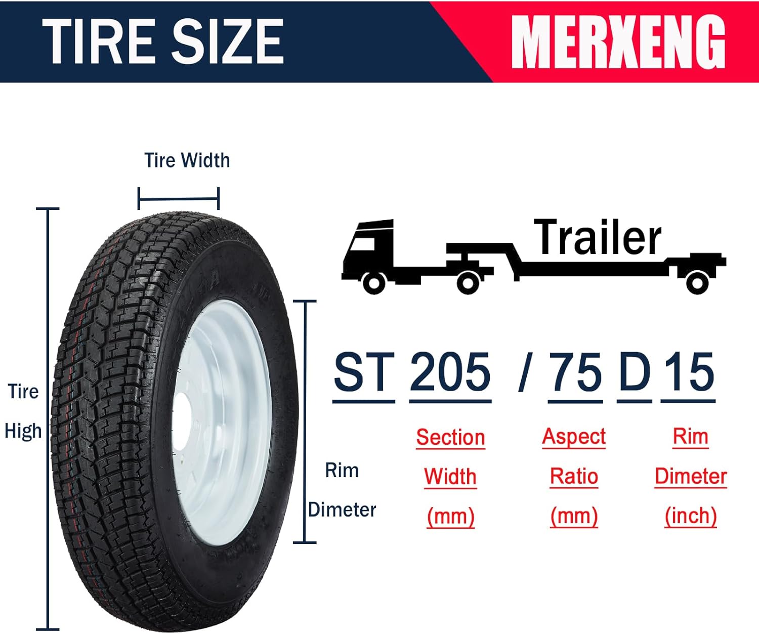ST205/75D15 Trailer Tires, 5 Lug Tires, 6PR Load Range C, 15in Fuel-saving Designed Trailer Tires 205 75 15 for Travel/Camper/Landscape/Cargo/Utility/Boat/Horse/Farm/Hauler Trailer(Pack of 2)