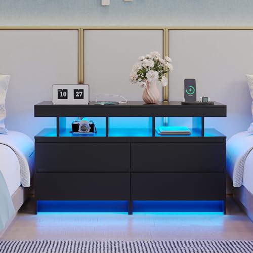 dnbss Nightstand with Wired/Wireless Charging Station, Auto LED Lighting Bedside Tables with Drawers, Night Stand with 3-Color Lights & Adjustable Brightness for Bedroom (Black)