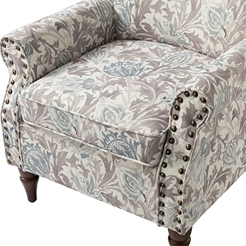 HULALA HOME Modern Wingback Accent Chair with Wood Legs & Removable Cushion, Comfy Upholstered Armchair with Nailhead Trim, Floral Pattern Single Sofa Chair for Living Room Bedroom, Pink