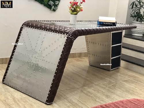 NauticalMart Aviator Wing Desk with Storage Aluminum and Leather Office Desk Silver and Brown (64 Inches)