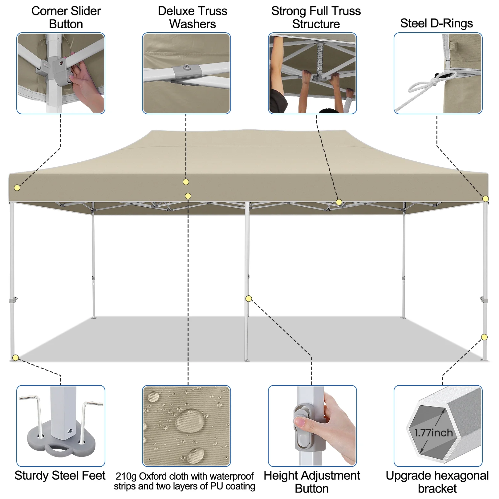 SANOPY 10x20 Pop up Canopy Tent Heavy Duty Party Tent Easy Set-up Instant Commercial Folding Outdoor Waterproof & UV 50+ Party Wedding Gazebo w/Roller Bag, 4 Sandbag (Upgraded Frame & Windproof),Khaki