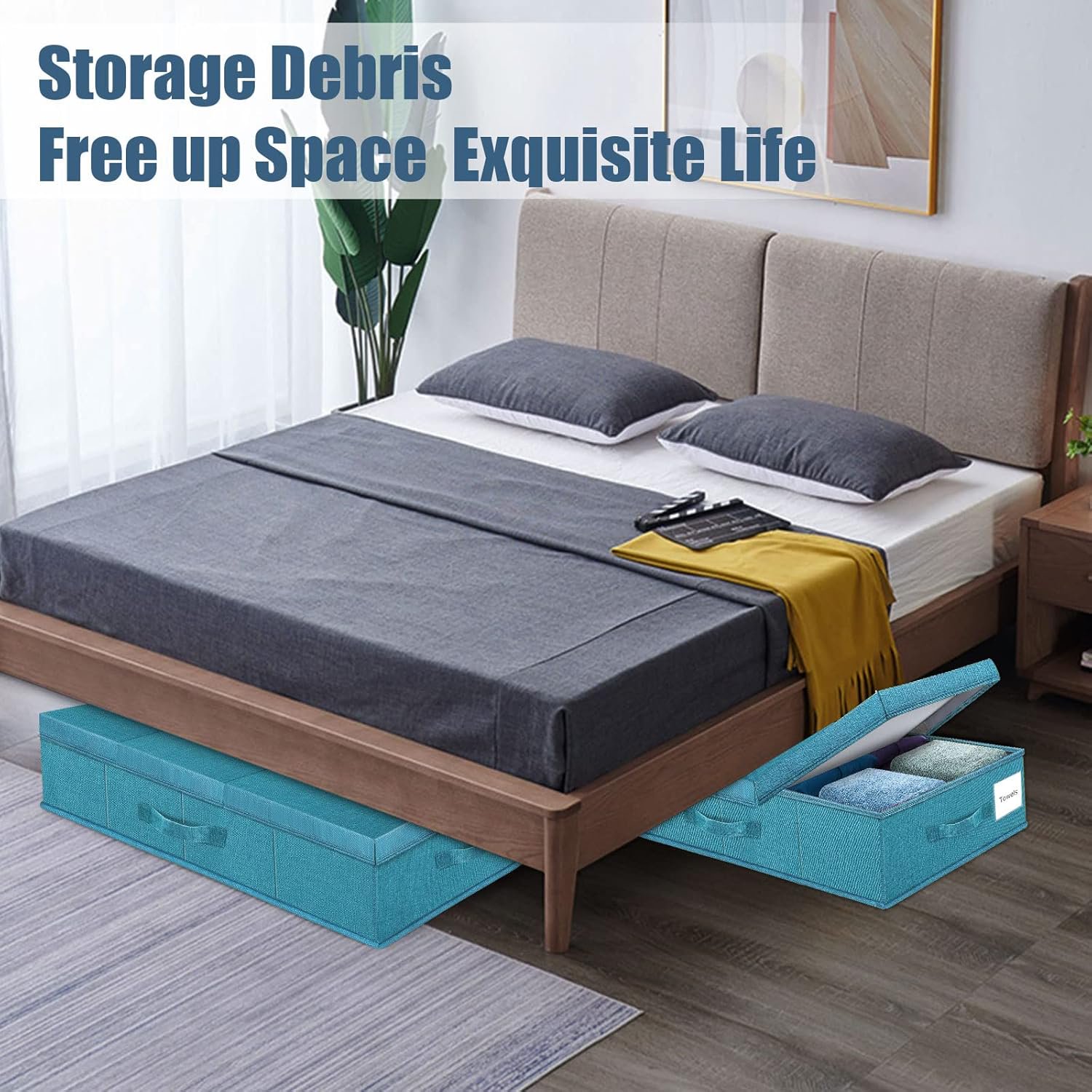 Underbed Storage Containers Bin with Lids (2pcs) Large Under Bed Storage Organizer Box with Handle, Foldable Under the Storage Bags for Organizing Clothes, Shoes, Blankets, Pillows-Cyan blue