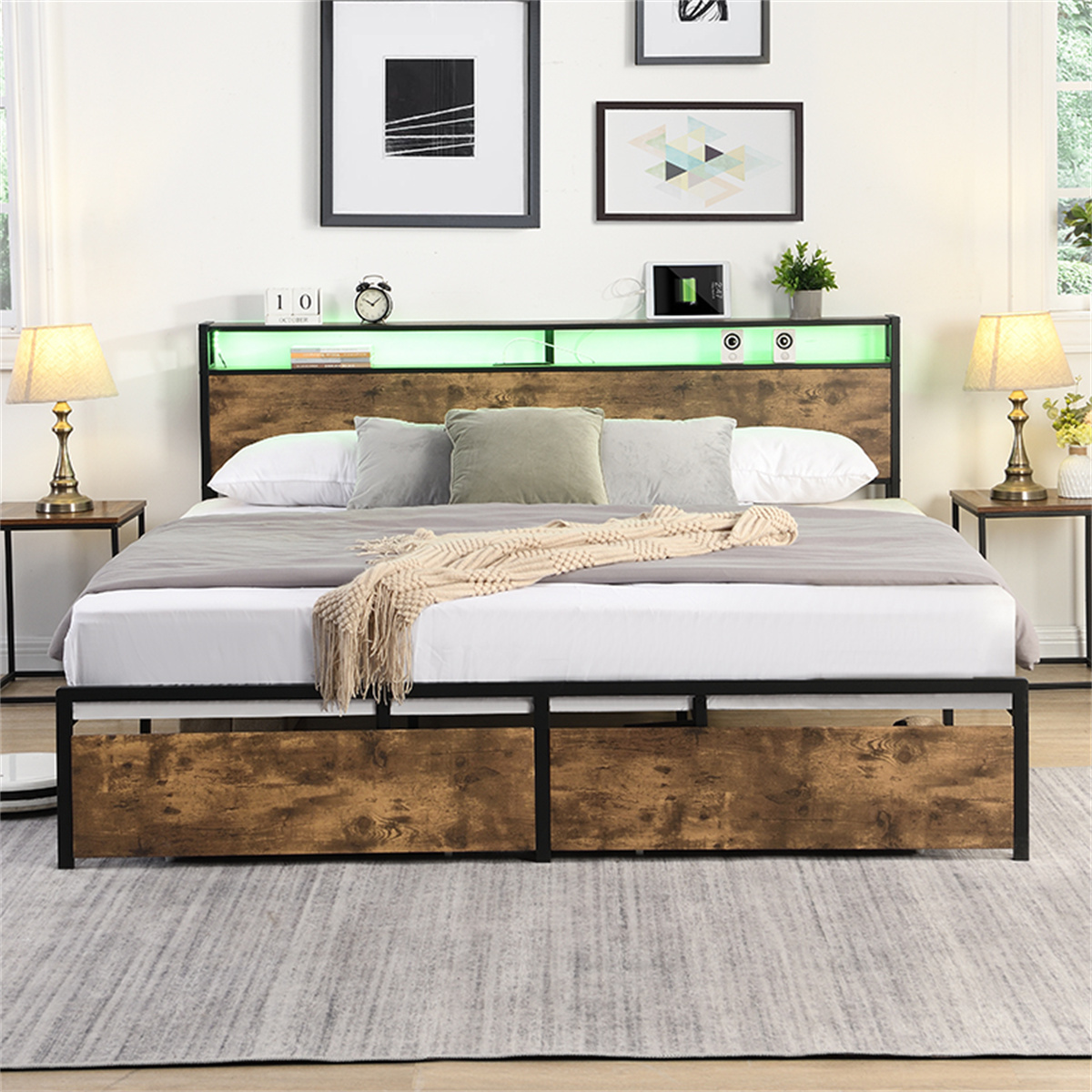 Full Bed Frame, Storage Headboard with Charging Station, Solid and Stable, Noise Free, No Box Spring Needed, Easy Assembly