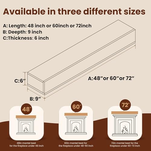 Fireplace Mantel - Floating Mantel Shelf, Wood Mantels for Over Fireplace, Wall-Mounted Mantels, Weight Capacity 60lbs, 60 X 9 X 6 inch, Oak